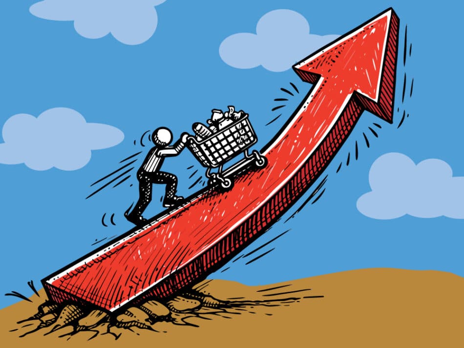 Image: Illustration of a person pushing a grocery cart up an upward arrow representing rising food costs.